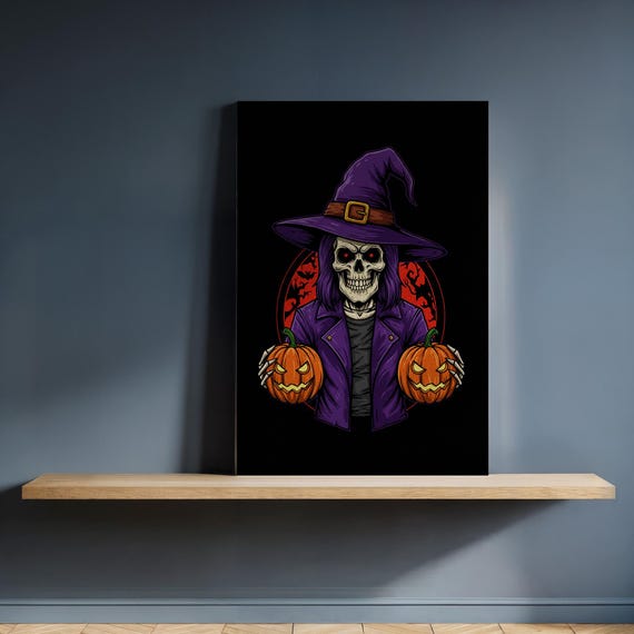 Halloween Skeleton Witch Canvas Wall Art Gothic Pumpkin Reaper Illustration Framed Spooky Dark Print For Horror And Home Decor