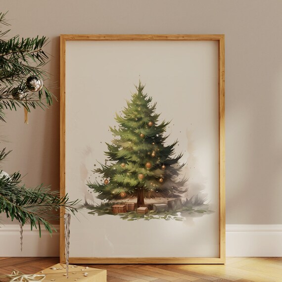 Watercolor Christmas Tree with Gold Ornaments Neutral Poster