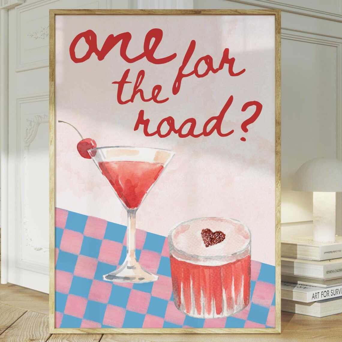 One for the Road Cocktail Poster with Martini Watercolor on Checks - Image 2