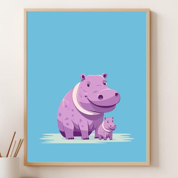 Mommy And Baby Hippo Smiling Light Blue Nursery Wall Art Poster
