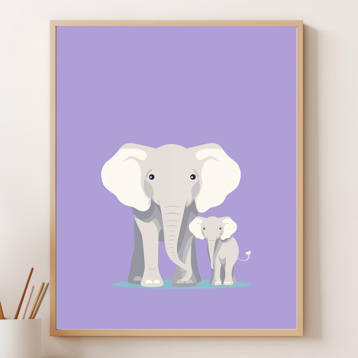 Mommy And Baby Elephant Standing Lavender Nursery Wall Art Poster