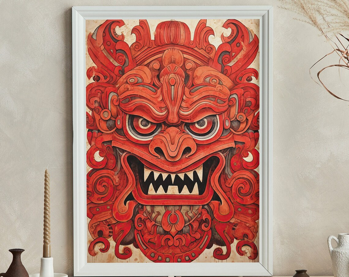 Balinese Barong Mask Bold Orange Carved Tribal Heritage Art Poster