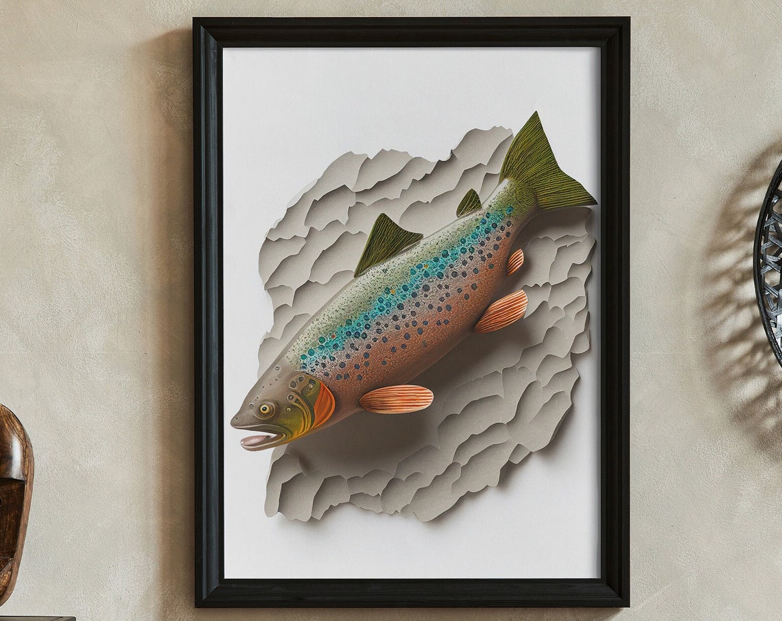Rainbow Trout Bursting Through Torn Gray Paper 3D Effect Poster