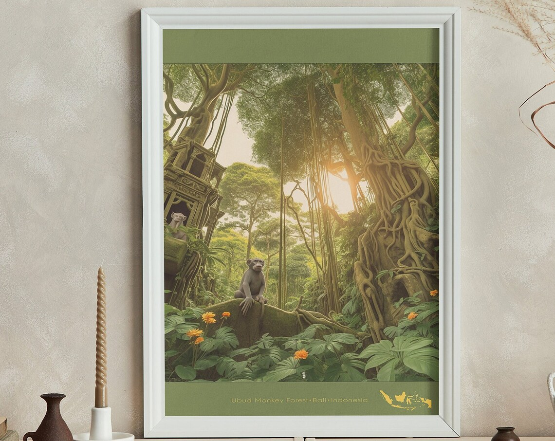 Ubud Monkey Forest Bali Indonesia Jungle Temple Scene Travel Poster