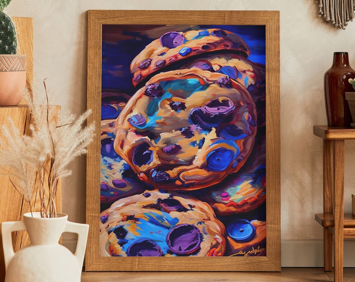 Surreal Painterly Chocolate Chip Cookies Close Up Dessert Poster