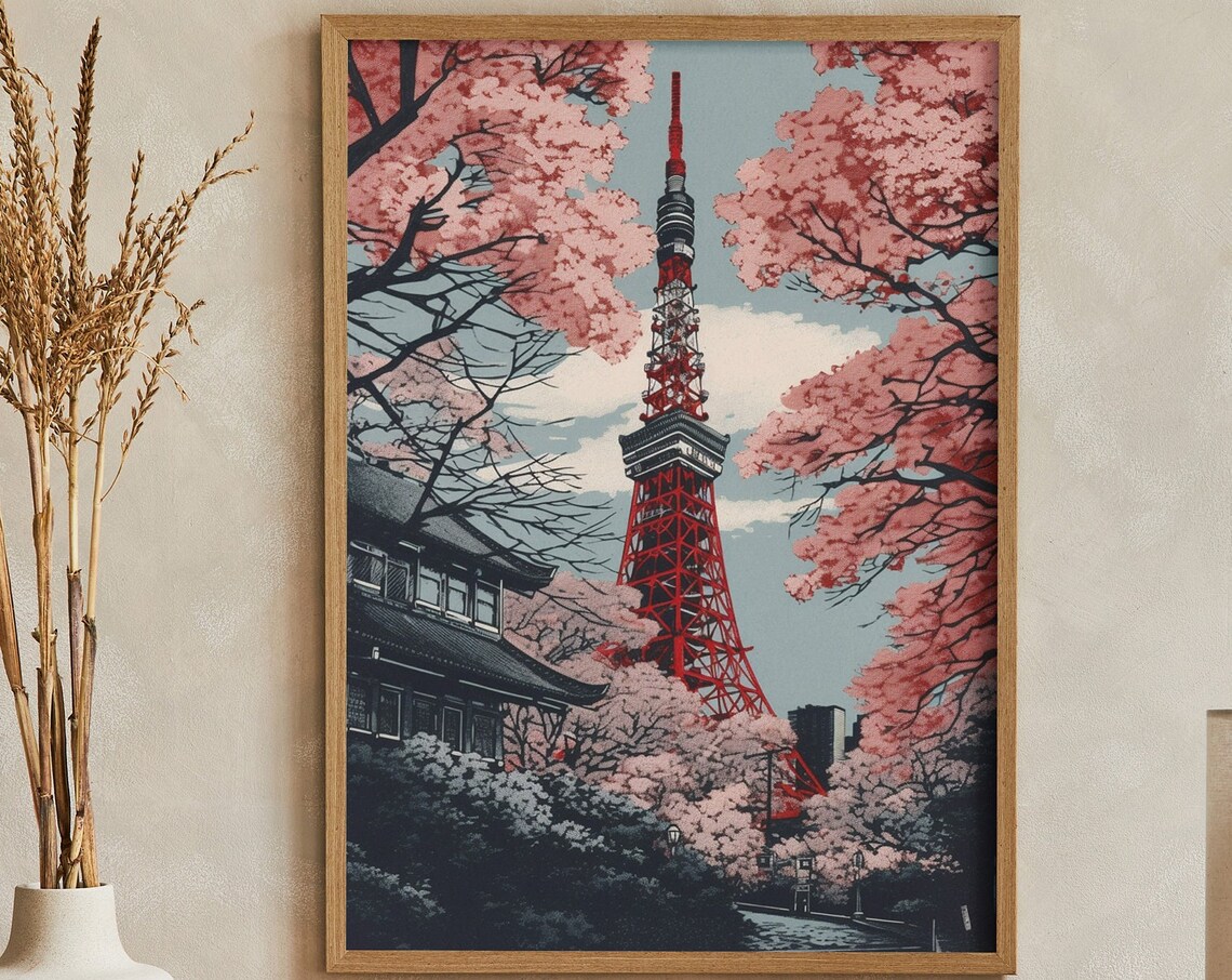 Tokyo Tower Vintage Japanese Linocut City Landmark Artwork Poster