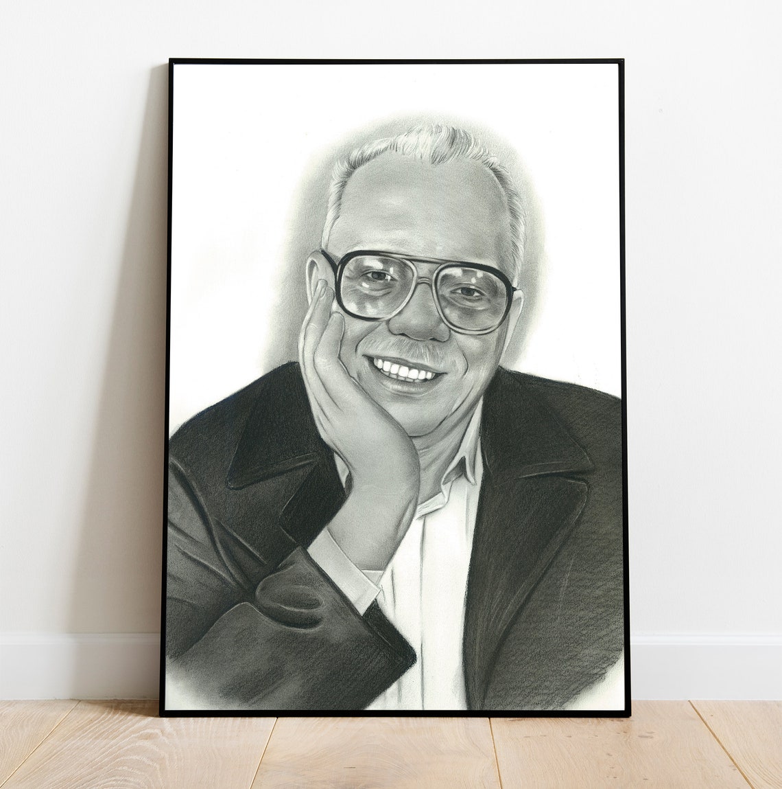 Hand Drawn Charcoal Portrait of a Smiling Man with Glasses Poster
