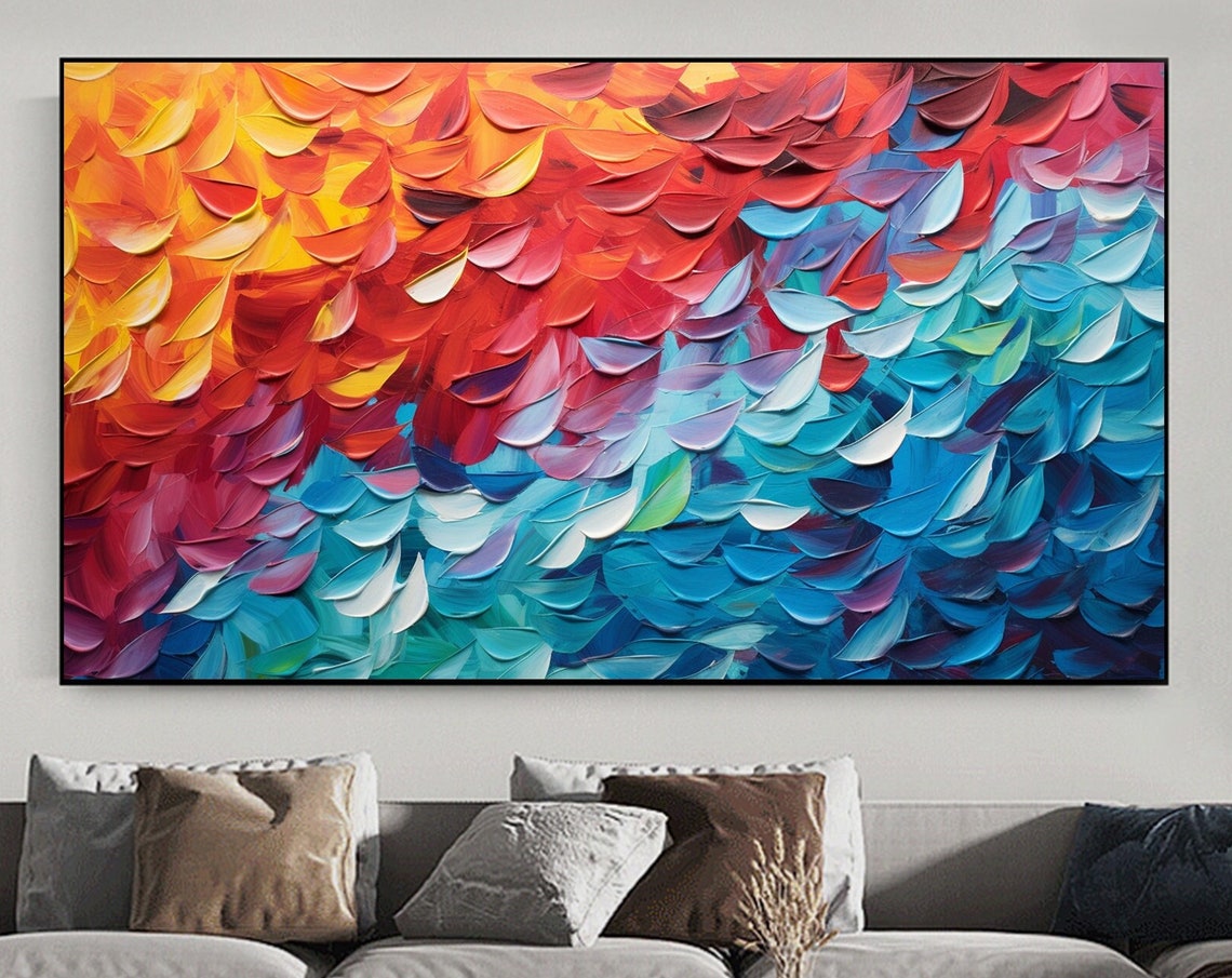 Fiery Orange to Turquoise Leaf Pattern Abstract Impasto Poster
