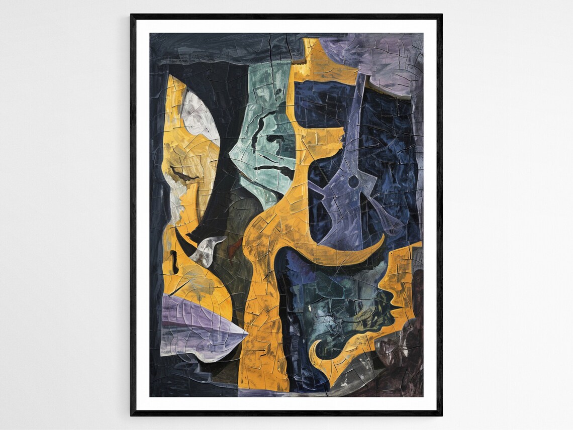 Cracked Gold Mosaic Cubist Faces Dark Navy Abstract Art Poster