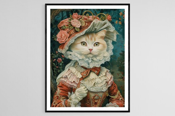 Cream Cat in a Victorian Rose Bonnet and Red Velvet Dress Poster