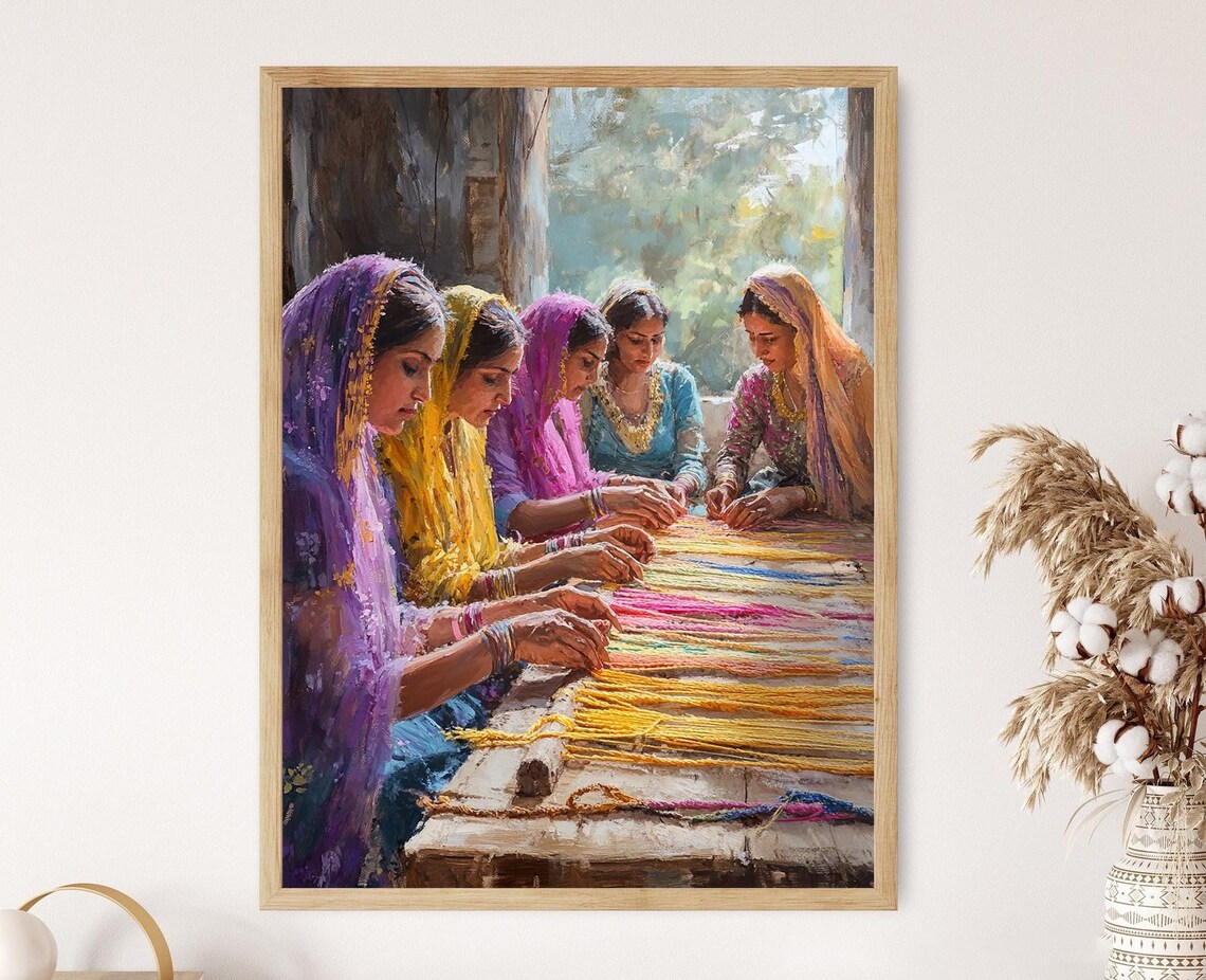 Punjabi Women Weaving Colorful Threads at Village Loom Craft Poster