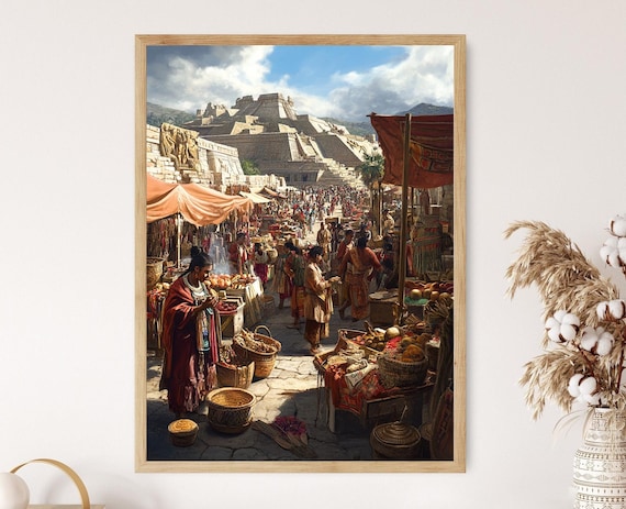 Ancient Aztec Marketplace Tenochtitlan Pyramid Scene Wall Poster