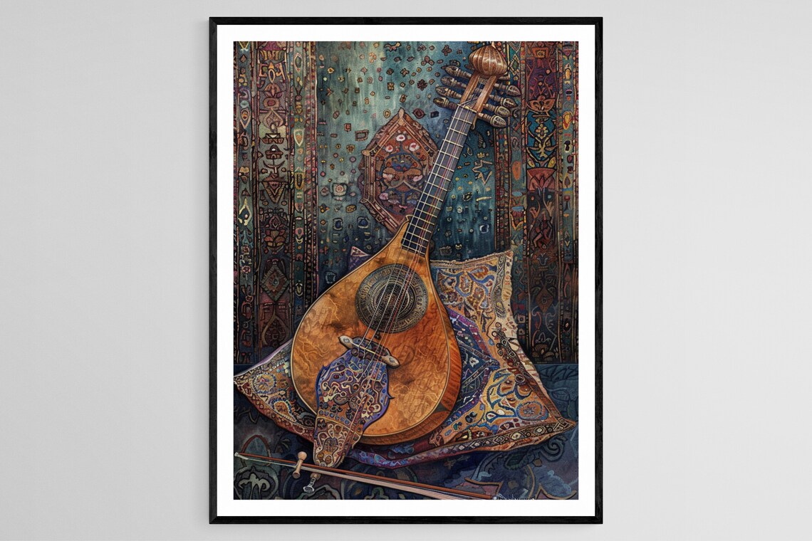Elegant Veena on Silk Cushion Art, Indian Instrument