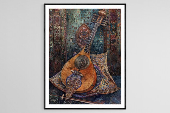 Elegant Veena on Silk Cushion Art, Indian Instrument