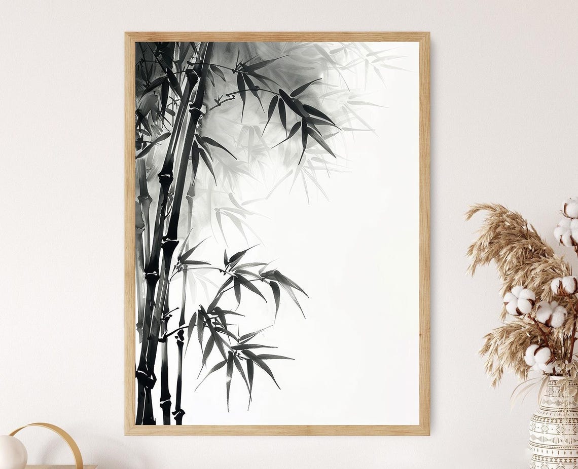 Bamboo Tree Sumi E Ink Print Traditional Japanese Art Elegant Wall Decor Unique Handmade Gift