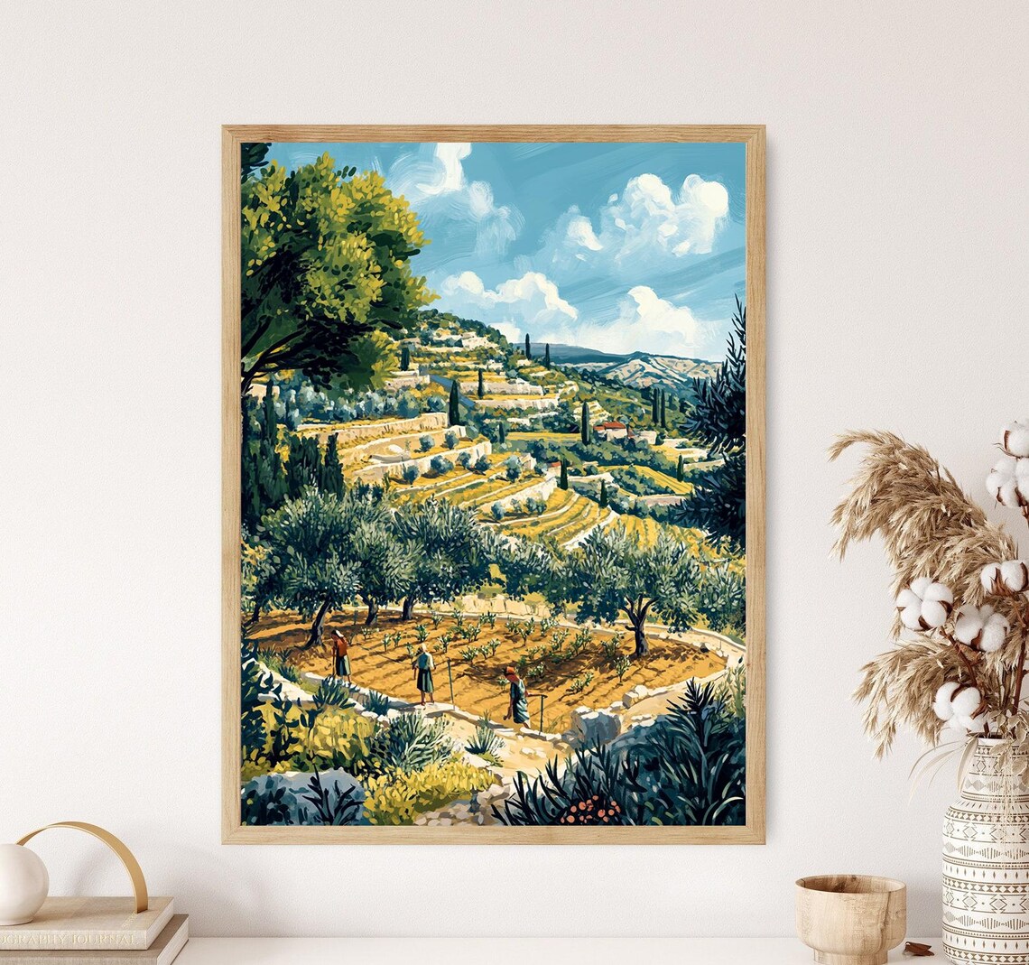 Olive Harvest Scene In Nablus, Rustic Landscape Art Print