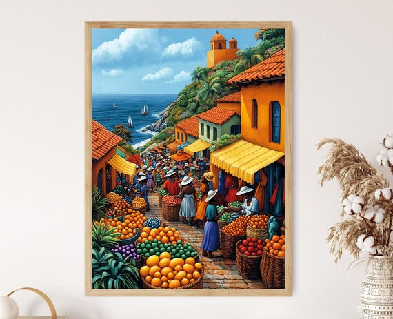 Zimbabwe Marketplace Illustration Colorful Farm Market Painting African Fruit Art Wall Art For Kitchen African Restaurant Decor