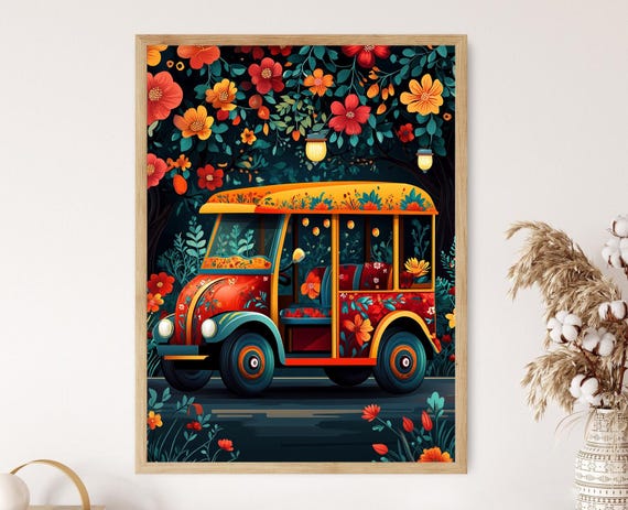 Bollywood Tuk Tuk Art Print Flat Vector Illustration Vibrant Indian Decor