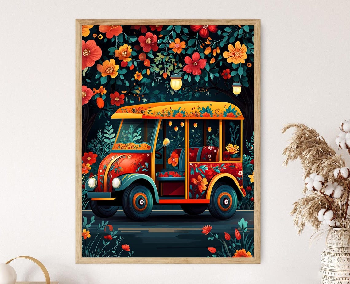 Bollywood Tuk Tuk Art Print Flat Vector Illustration Vibrant Indian Decor