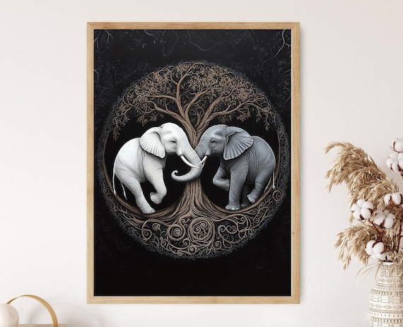 Yin Yang Elephants with Tree of Life Black and White Art Poster
