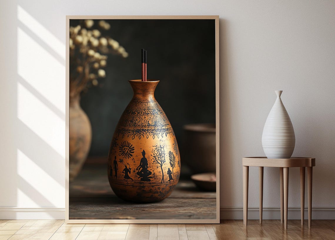 Brass Incense Holder With Warli Art Tribal Indian Decor Print