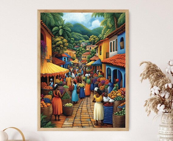 Djibouti Marketplace Illustration Colorful Farm Market Painting African Fruit Art Wall Art For Kitchen African Restaurant Decor