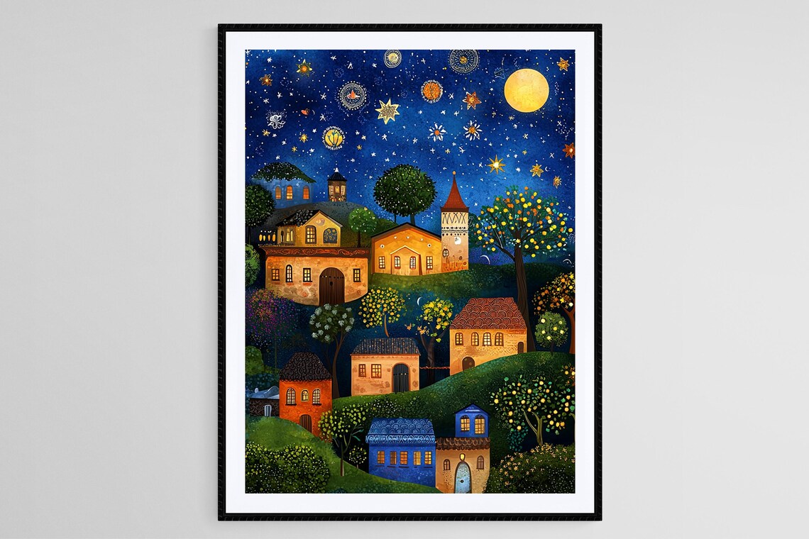 Whimsical Starry Village Art Print Magical Night Scene Star Filled Sky And Cozy Homes