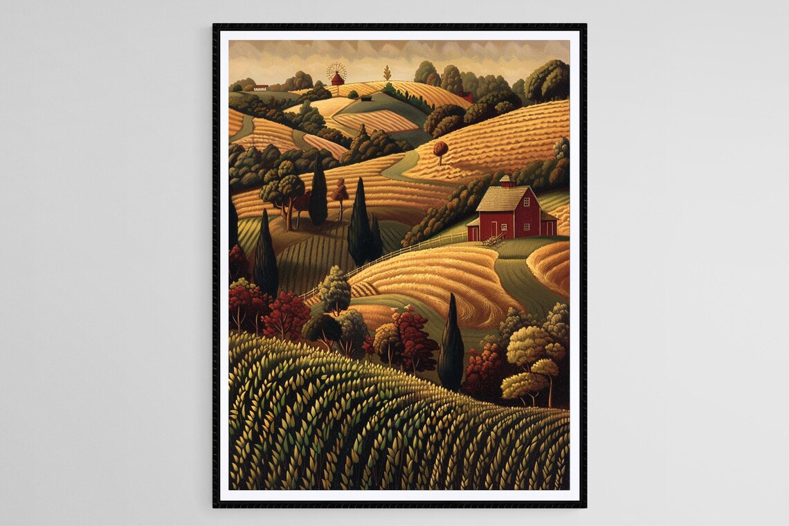 Idyllic Farm Landscape, Grant Wood Inspired Countryside