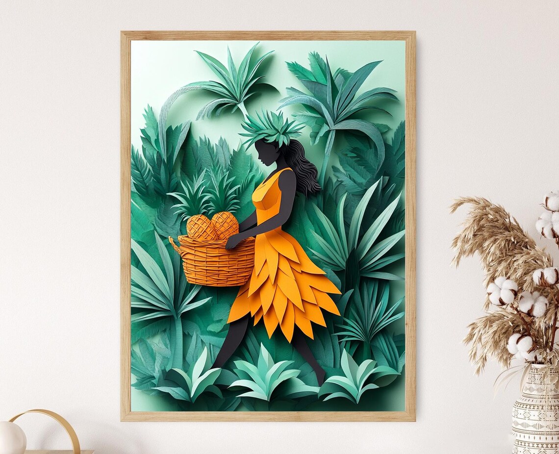 Pineapple Basket Illustration, Tahiti Woman Art Print