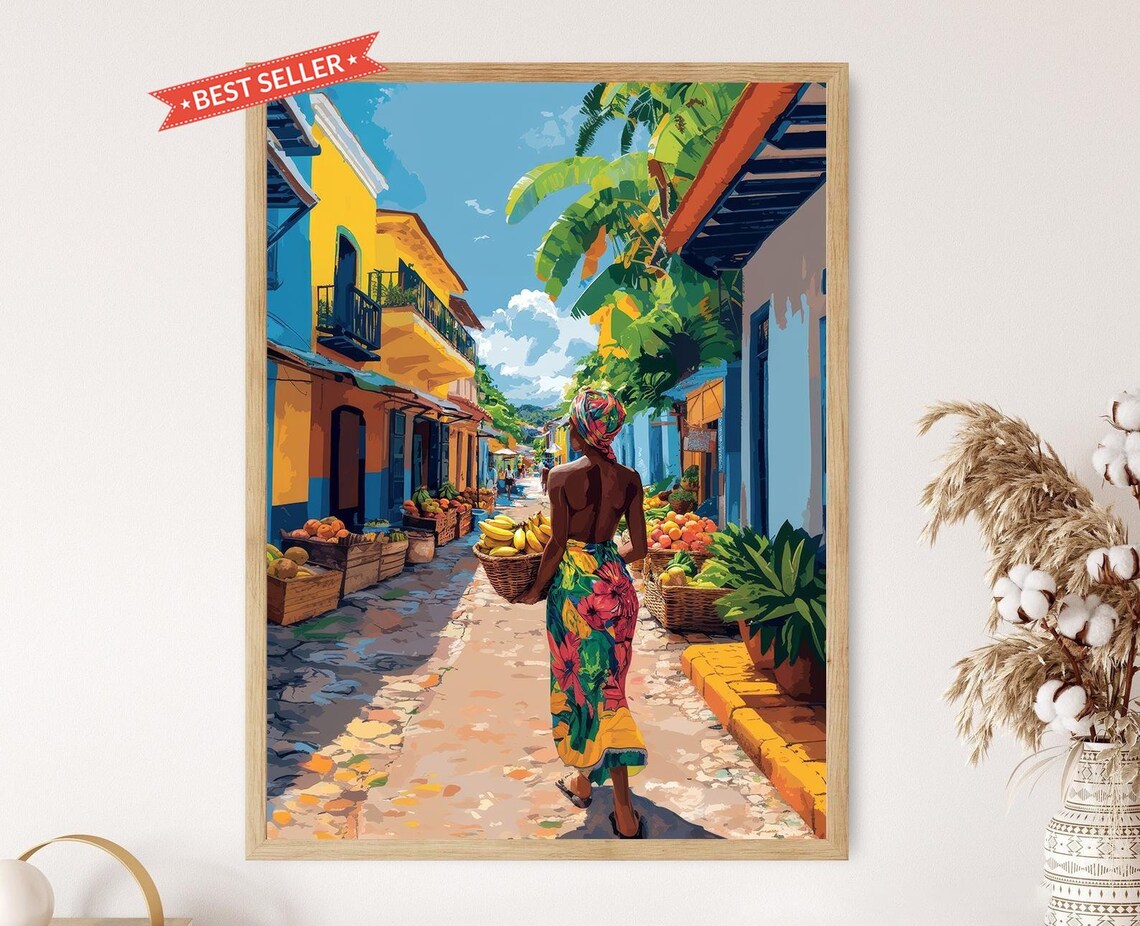Jamaican Woman Carrying Fruits, Tropical Market Art Print
