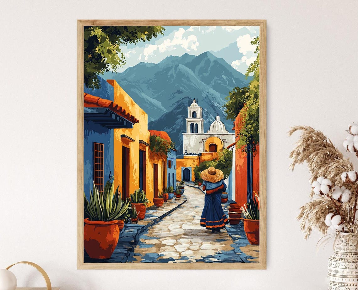 Oaxaca Landscape Art Print Colorful Buildings And Scenic Mountains