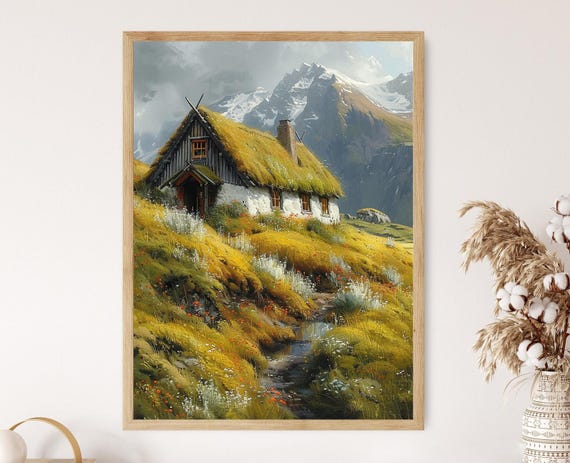 Icelandic Turf House With Rolling Hills And Mountains Fine Print