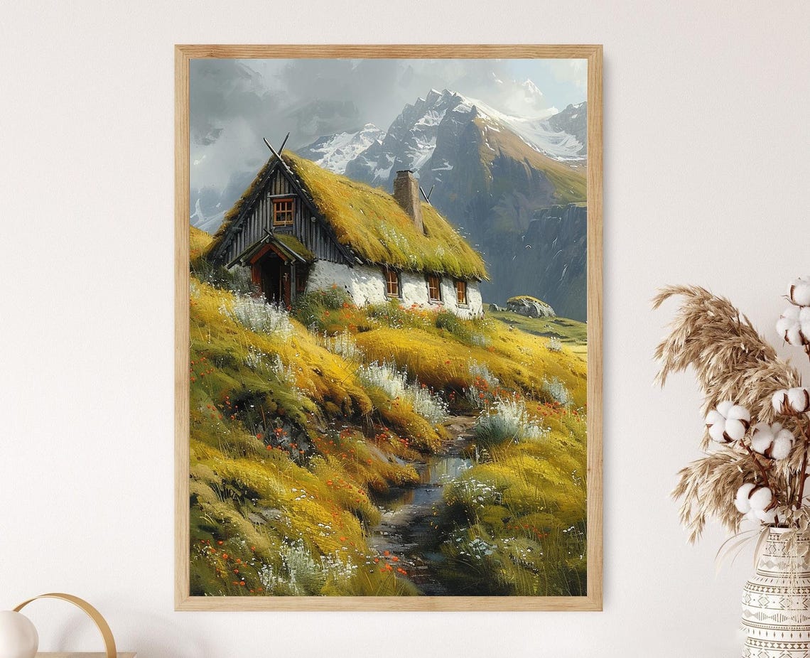 Icelandic Turf House With Rolling Hills And Mountains Fine Print
