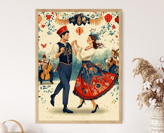 Polish Krakowiak Dance Couple Beneath Hanging Lanterns with Musicians Poster