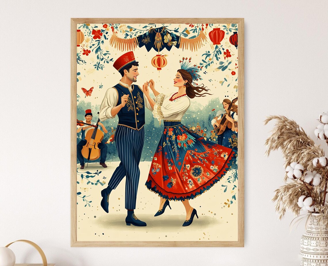 Polish Krakowiak Dance Couple Beneath Hanging Lanterns with Musicians Poster
