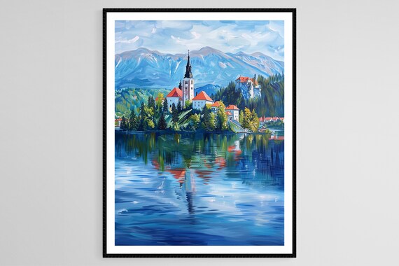 Lake Bled Slovenia Island Church Mountain Reflection Painting Poster