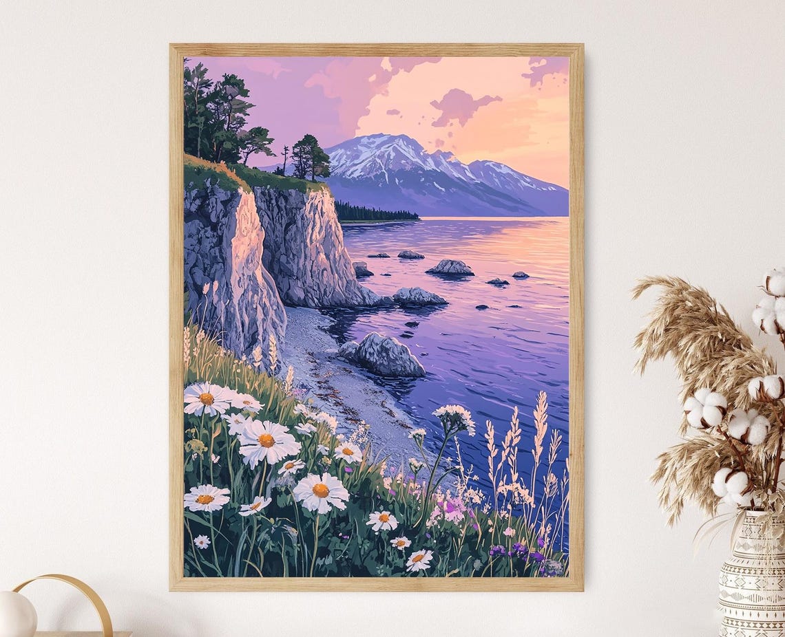 Lake Baikal Art Print Dusk By Rocky Cliffs And Mountains