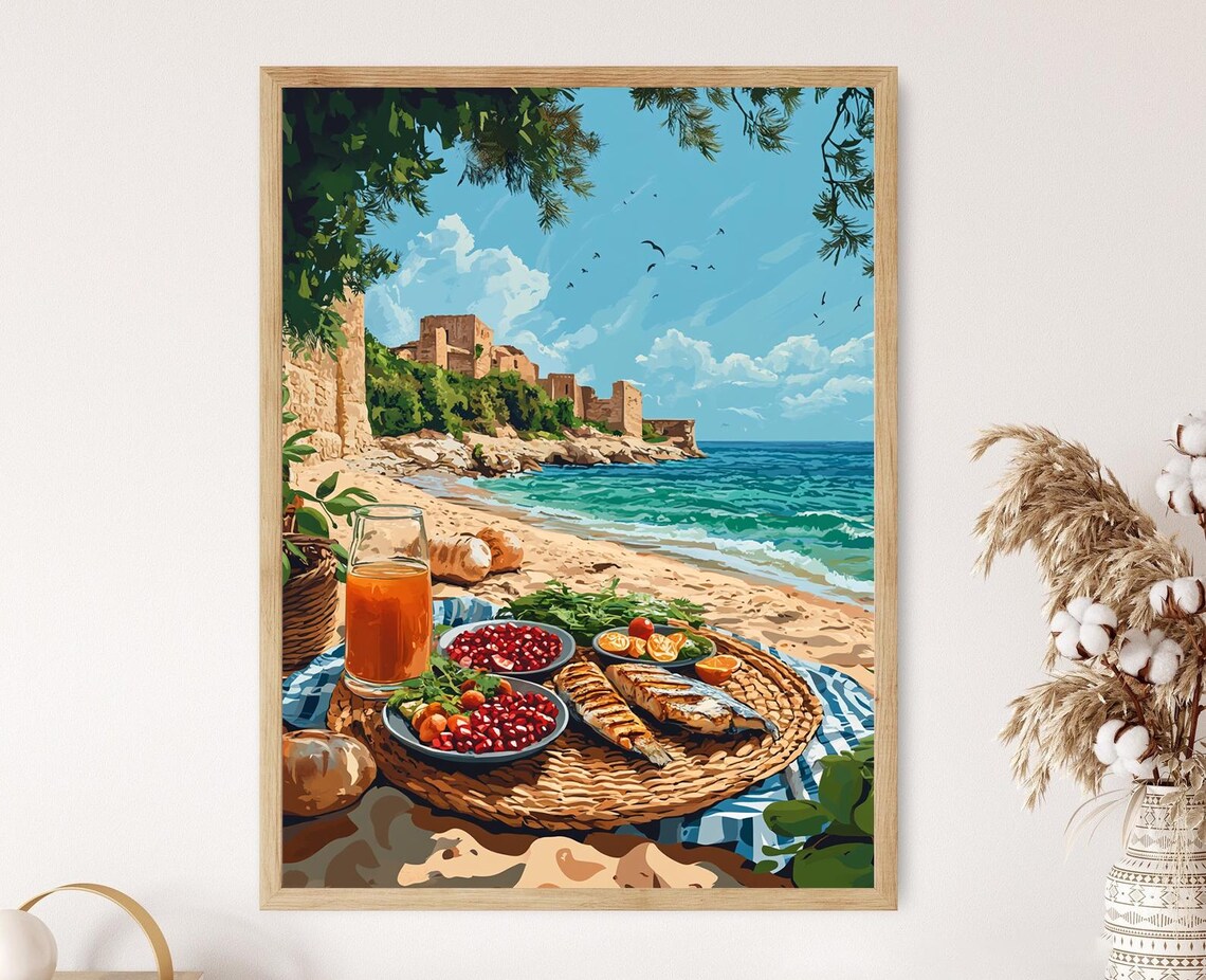 Tyre Beach Picnic, Lebanese Coastal Travel Poster