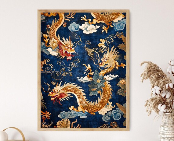 Chinoiserie Dragon Art Print Gold Accent Luxurious Home Decor