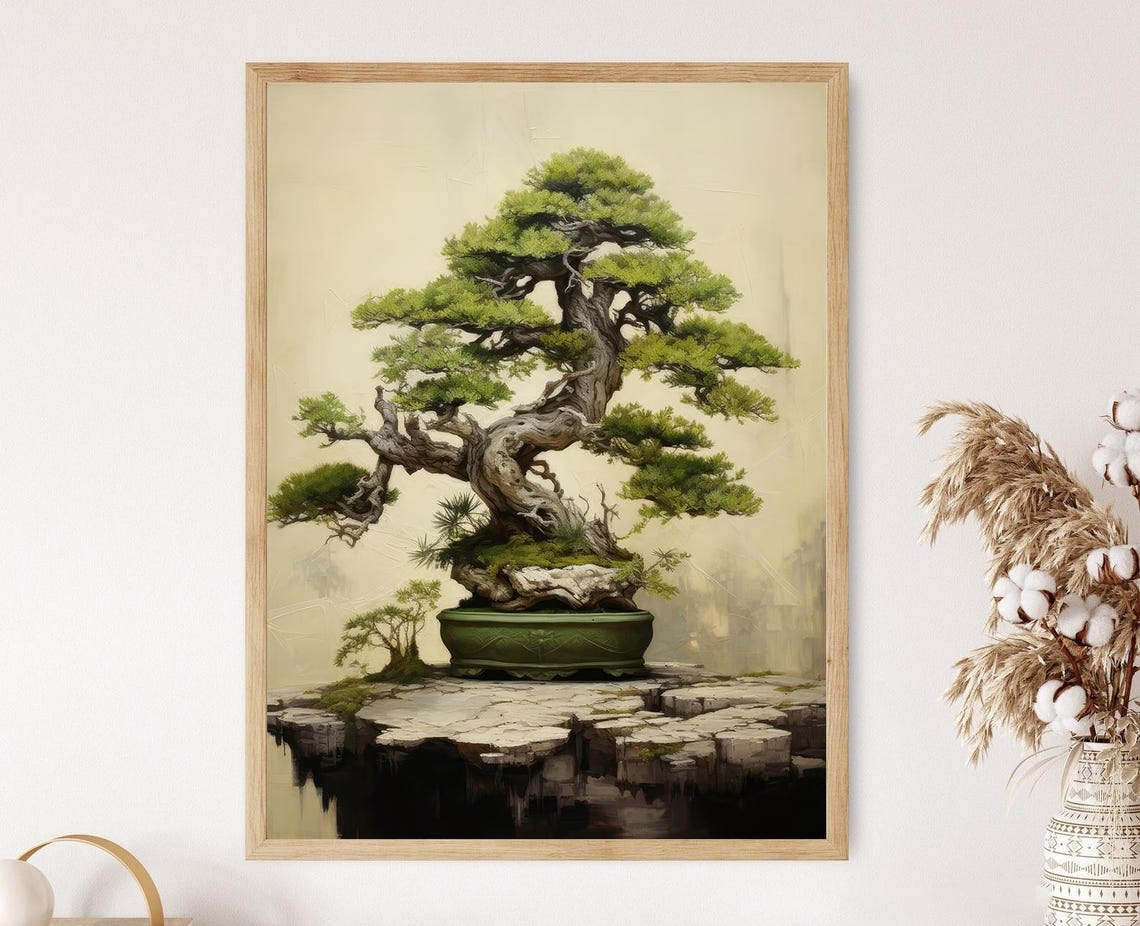 Serene Bonsai Tree Illustration Detailed Nature Art Print