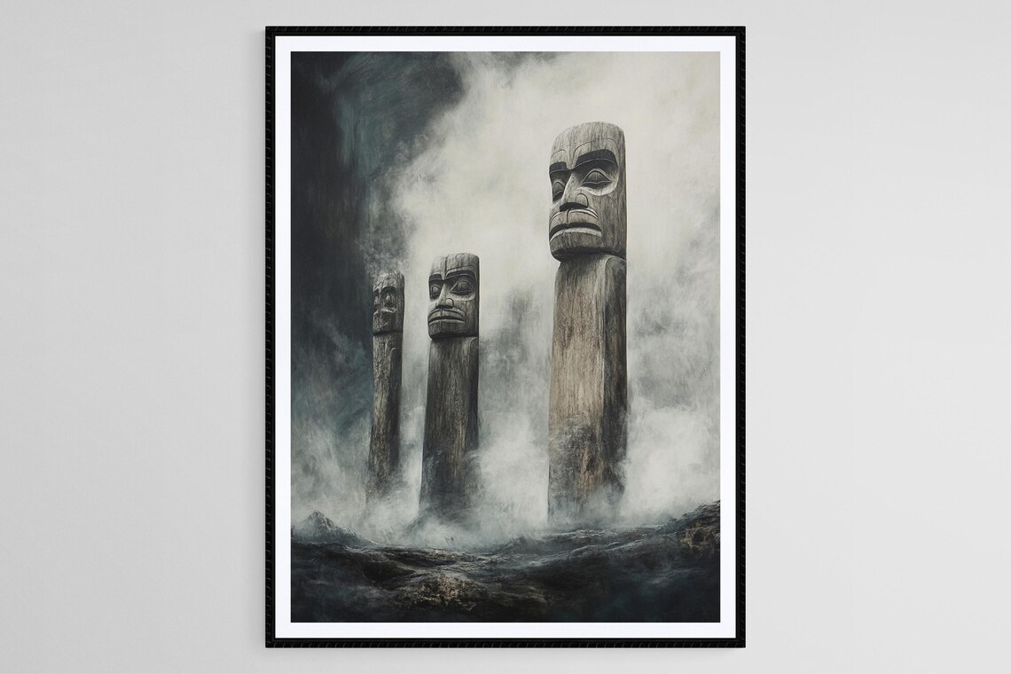 Ancient Totem Poles Foggy Sky Art Print Emily Carr Style Totems