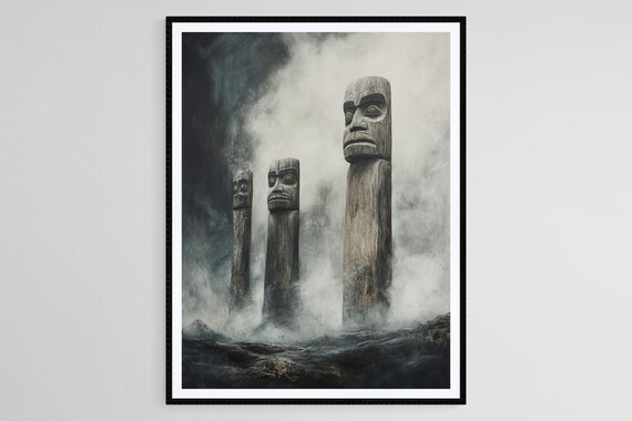 Ancient Totem Poles Foggy Sky Art Print Emily Carr Style Totems