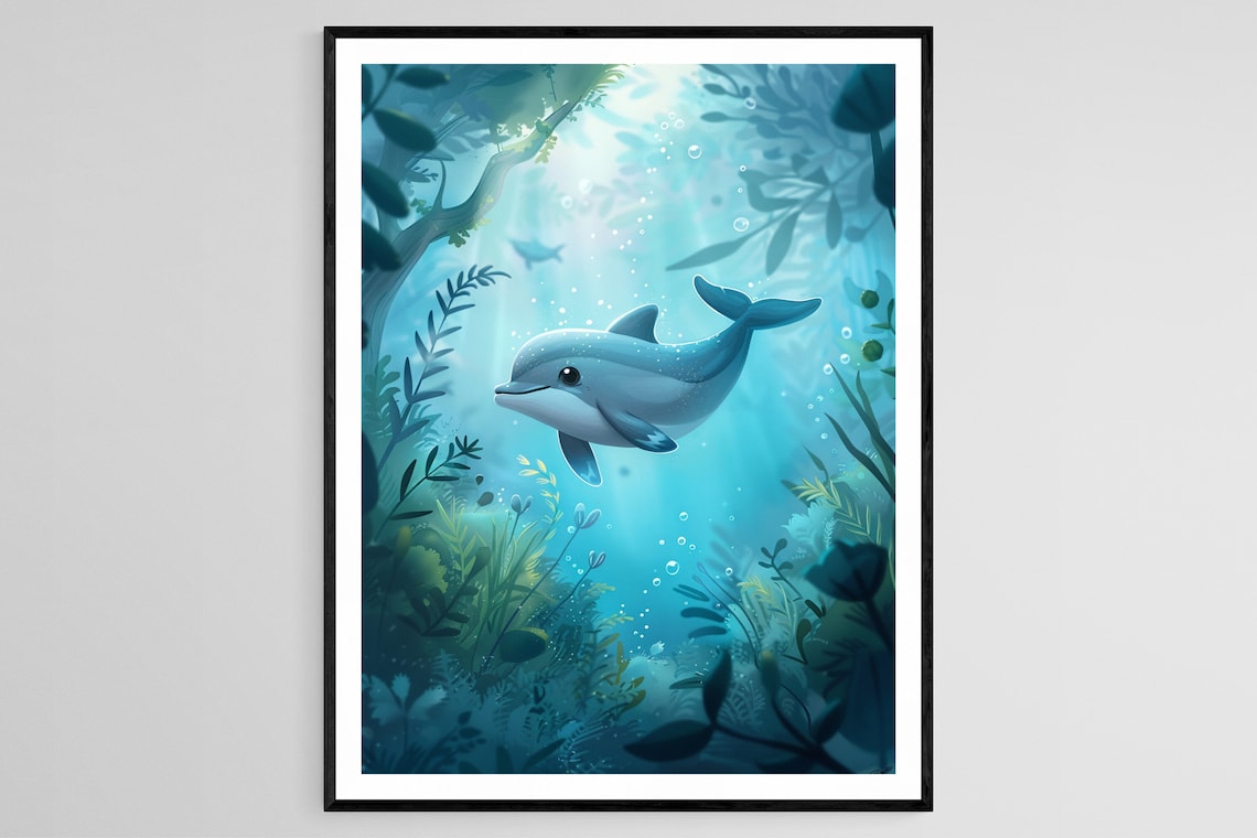 Baby Dolphin Swimming Through a Sunlit Underwater Forest Poster