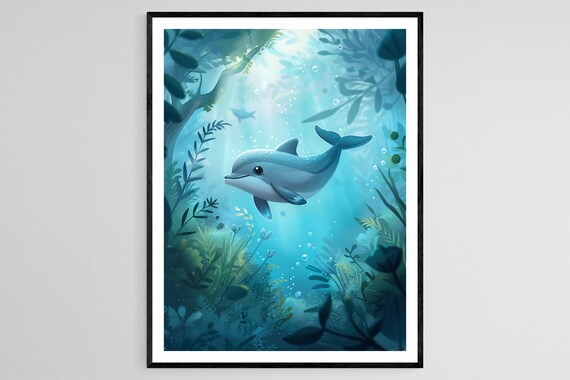 Baby Dolphin Swimming Through a Sunlit Underwater Forest Poster