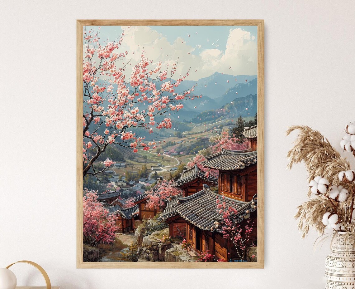 Korean Countryside Hanok Houses and Cherry Blossoms Art Print