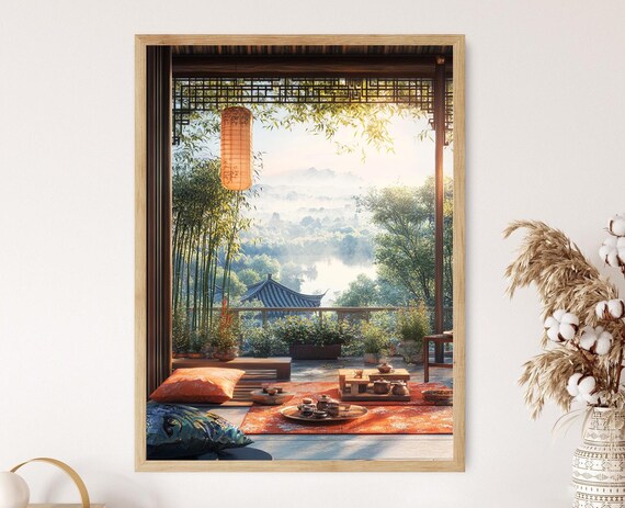Hangzhou Rooftop Patio Art Print Silk Fan Decor Poster Tea Planter Illustration