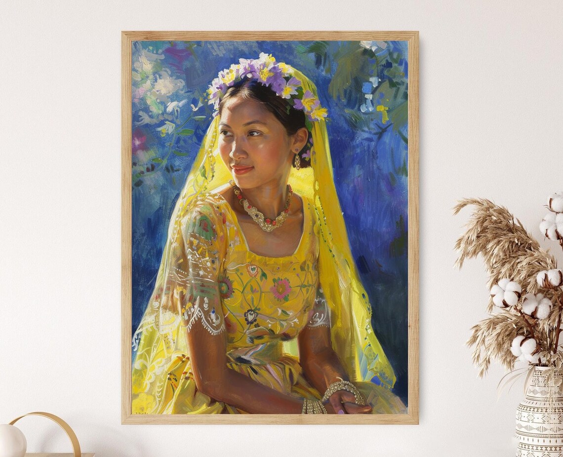 Young Woman in Yellow Embroidered Dress and Flower Crown Portrait Poster