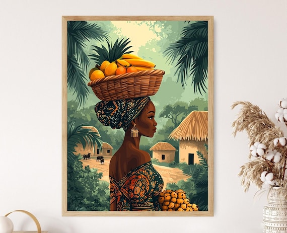Nigerian Woman With Fruit Basket Art Print Traditional African Dress Village Scene Decor