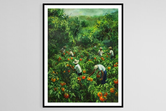 Mexican Tomato Field Art Farmers Picking Tomatoes Painting Vibrant Red Fruits Print