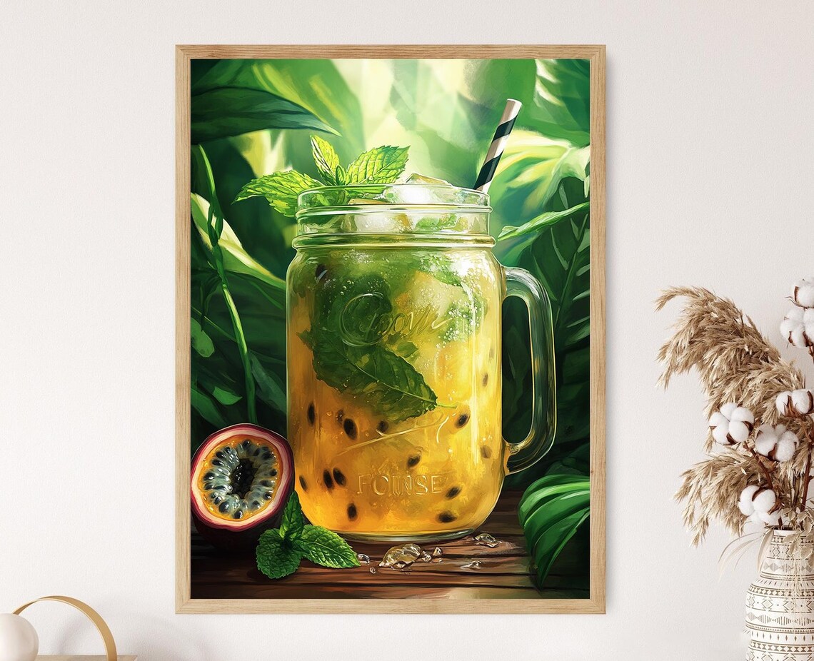 Passion Fruit Mojito Art Print Mason Jar With Mint And Passion Fruit